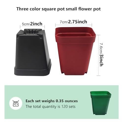 RooTrimmer Square Plastic Nursery Pot 3" 120 Pcs Deep Succulent Pots Small Flower Planter Seeds Starter Pots with Drainage (Green,Black,Red 40pcs Each,2.7Inches) - color: 3 Color, size: 2.7 Inch - 120pk