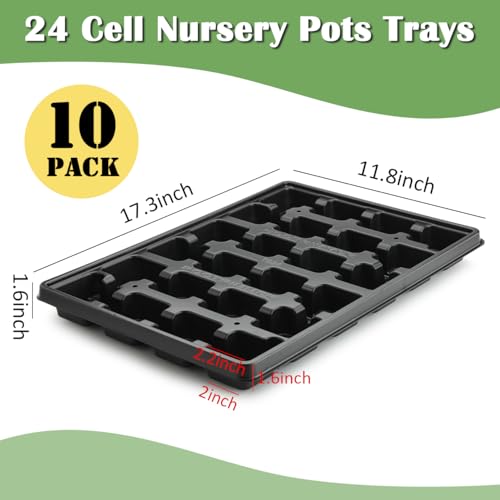 RooTrimmer 24 Cell Nursery Pots Trays 10 Pack (17"x11"x1.6"), Reusable Plastic Plant Pot Tray with Drain Holes, Carrying Seed Starter Tray for Holding 2.8 inch (7CM) Square Nursery Pots (Black) - color: Black, size: 24 Cell Trays-10 Pack