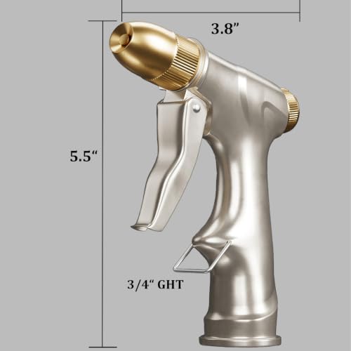 100% Metal Heavy Duty Garden Hose Nozzle with Brass Nozzle with 4 Patterns - color: Silver Gray