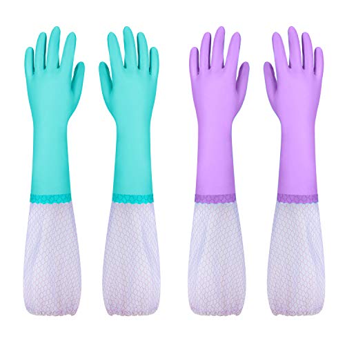 Elgood Reusable Long Sleeve Dishwashing Cleaning Gloves with Latex Free,Cotton Lining,Kitchen Gloves 2 Pairs,Purple+Blue M - color: Long-purple+blue, size: Medium (Pack of 2)