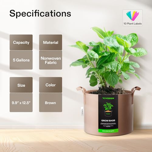 VIVOSUN 5-Pack 5 Gallon Plant Grow Bags Fabric Pots with Handles - color: Tan, size: 5 Gallons