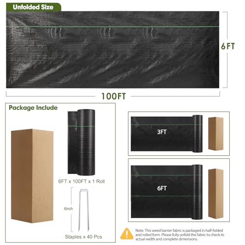 HongWay 6FT x 100FT Weed Barrier Fabric, Landscape Fabric with 40 Staples - size: 6FT x 100FT
