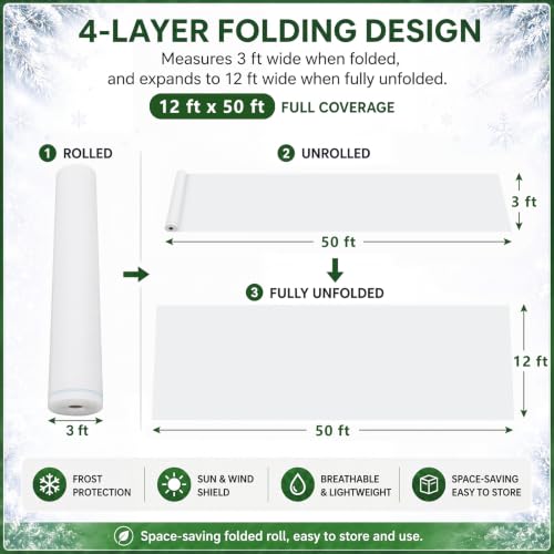 Tigeen 12 x 50 ft Frost Cloth for Plants, 45gsm Heavy Duty Frost Cover - size: 12 x 50 ft