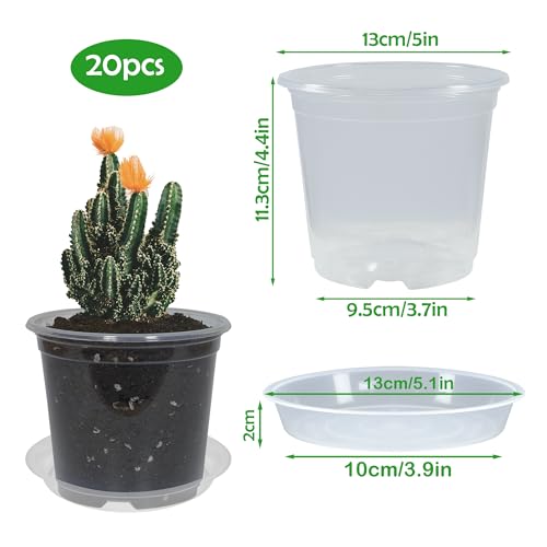 20 Pack 5 Inch Clear Nursery Pots with Drainage and 20 Pack Plant Saucers, Plant Pots for Plants Transparent Potting Containers for Plants Seeding Starter Pot (Clear, 5 Inch) - color: Clear, size: 5 Inch