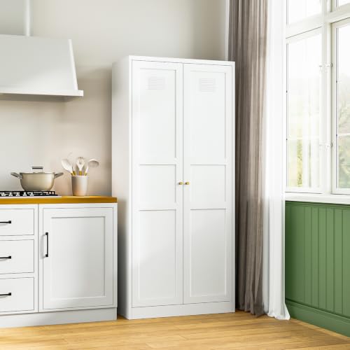 Letaya White Storage Cabinet with Adjustable Shelves-Metal Home Kitchen Pantry Cabinets with Doors,Organization Locker for Cupboard/Bedroom/Dining/Living/Bathroom/Office/Garage Room - color: White, size: 16"D x 32"W x 71"H-B