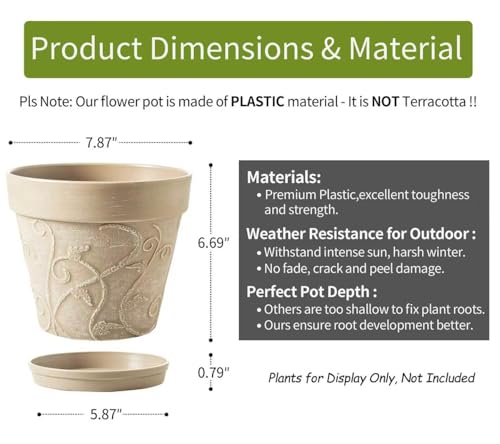 Melphoe Plastic Plant Pots Indoor with Drainage & Saucer, 2Pack 8 inch Flower Pots Outdoor Planters for Indoor Plants Garden Home Decor Cactus Succulent, (NOT-Terracotta) Vine-Embossed - color: Undecorated Pottery Color, size: 8 inch