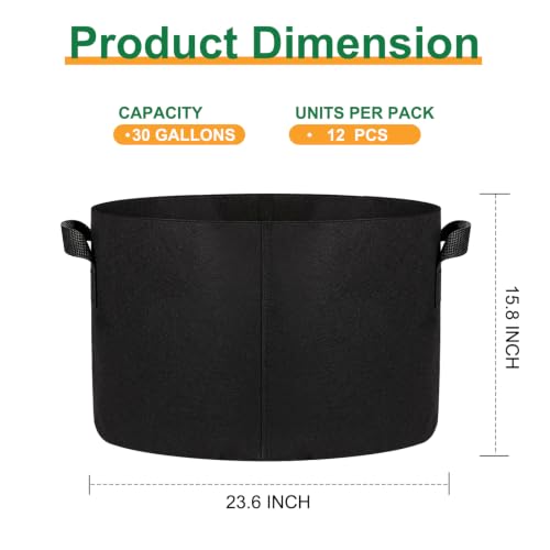JERIA 12-Pack 30 Gallon Grow Bags, 300G Thickened Nonwoven Garden Pots,Heavy Duty Fabric Pots with Reinforced Handles - size: 30 Gallons