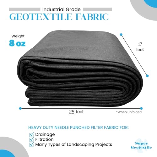 Super Geotextile 4, 6, 8 oz Non Woven Fabric for Landscaping, French Drains, Underlayment, Erosion Control, Construction Projects - 8 oz (17x25) Ships Folded - size: 17' x 25'