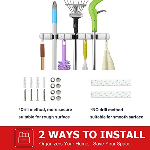 IMILLET 2 Pack Broom Holder Wall Mount Stainless Steel Mop Organizer - color: Stainless Steel - 3 Racks with 4 Hooks, size: 2 Pack