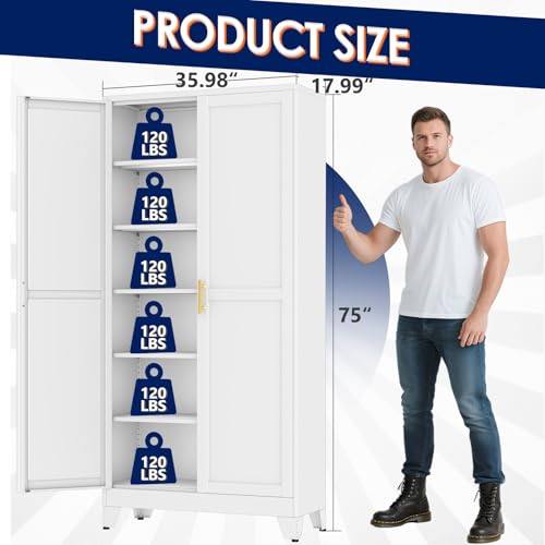 erosoei 75" H Large Metal Garage Storage Cabinet, Metal Pantry Cabinet with 2 Doors, Locker Steel Cabinet with 5 Adjustable Shelves, Freestanding Cupboard for Garage,Office,Home,Gym,School - color: White, size: 75"Large -NCasNLck