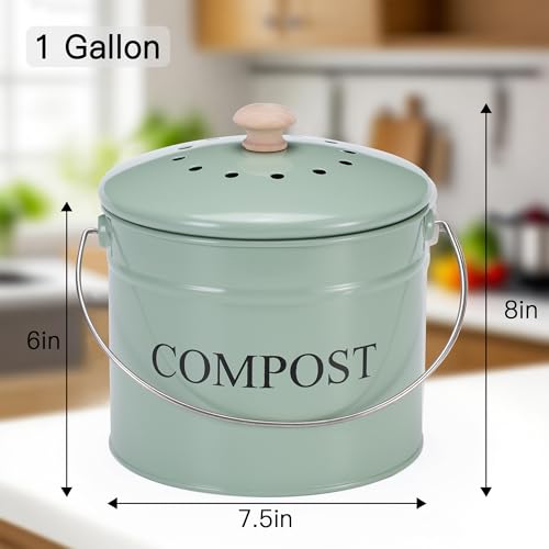Compost Bin for Kitchen Counter, 1 Gallon Compost Bucket with Lid and Charcoal Filter, Countertop Composter, Rust Proof Indoor Food Waste Bin, Green - color: Green