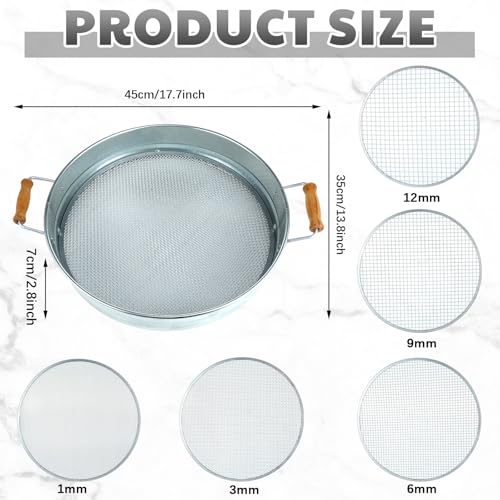 Funnymoom Soil Sifter for Gardening with 1, 3, 6, 9, 12 mm Sieve Mesh Compost Dirt Sifter with Handle Large Garden Sand Soil Rock Sieve 17.7" l x 13.8" W for Sand Rocks Pellet Gravel(Silver)