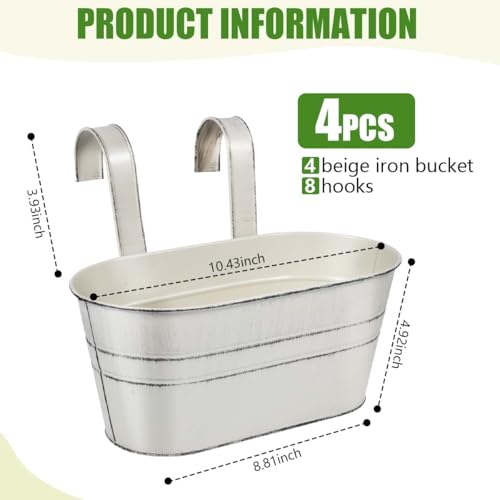 OBTANIM 4 Pack Metal Hanging Flower Pots Iron Railing Planter Outdoor Fence Hanging Pots Bucket Plant Holder with Detachable Hooks Drain Holes for Home Garden Yard Decor (White) - color: White