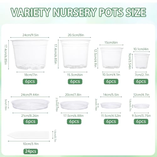 24Pack Clear Nursery Pots with Drainage - 4/6/8/10 Inch Plastic Plant Pots with Saucers & Plant Label, Large Clear Nursery Pots for Indoor Plants, Succulents, Flowers, Seedlings, Herbs, Vegetables