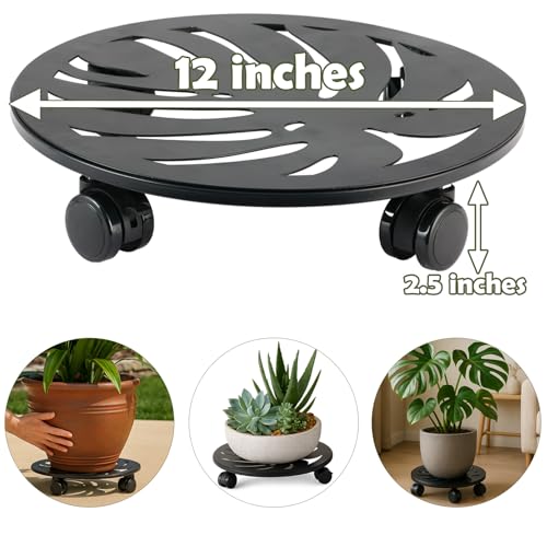 3-Pack 12" Round Metal Plant Caddy with Wheels Heavy-Duty Large Rolling Plant Stand Indoor Outdoor Wheeled Planter Dolly Cart Coaster Flower Pot Mover Roller Base, Garden Trolley - size: 12 in - 3 packs