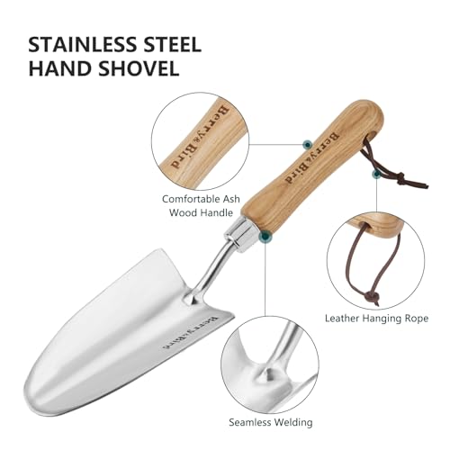 Berry&Bird Stainless Steel Trowel, Garden Small Flower Hand Shovel, Potting Soils Scoop with Wood Handle, Gardening Bonsai Tools for Transplanting Digging Weeding Planting - color: Hand Shovel, size: Small