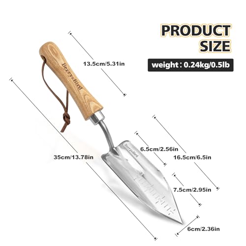 Berry&Bird Potting Trowel, Stainless Steel Serrated Hand Shovel, Wood Handle Garden Trowel Tool with Measuring Scale for Effortless Digging,Roots,Planting, Cutting and Transplanting - color: Potting Trowel