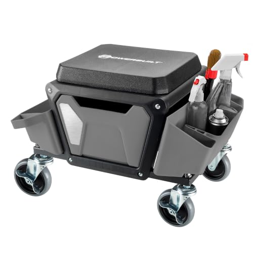 Powerbuilt Rolling Work Seat Brake Stool with 4-inch Rubber Lockable Wheels, Big Seating Platform, Tool Trays and Drawer 330 lb. Capacity, Mechanics, Gardening, Garage - 941881ECE, Grey - size: Compact with Seat Cushion