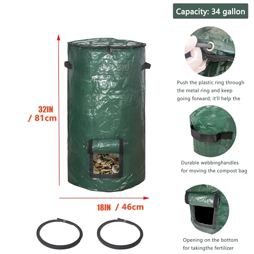 Compost Bin Bags 34 Gallon, Garden Compost Bags Outdoor Reusable,Organic Waste Garden Yard Compost Bag Collapsible Leaf Lawn Bags Gardening Container (Green 1pc) - color: Green 1pc