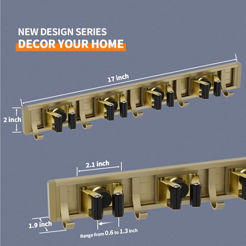 reliahom Broom Holder Wall Mount Mop Hanger Tools organizer 4Racks 5Hooks - color: Bronze