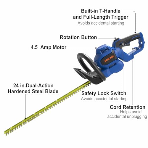 GARCARE 24-Inch Corded Electric Hedge Trimmer 4.5Amp Handheld Bush Trimmer