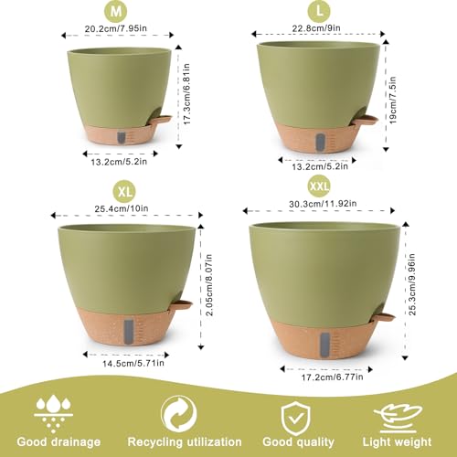 Self Watering Pots for Indoor Plants 12/10/9/8 Inch Plastic with Reservoir - color: Green
