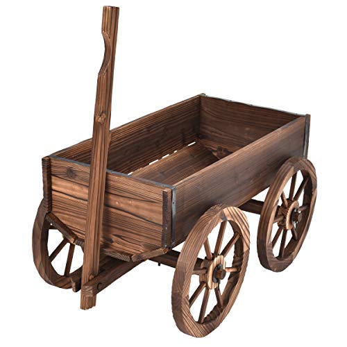 GIANTEX Wood Wagon Flower Planter Pot Stand W/Wheels Home Garden Outdoor Decor - color: Brown, size: 29.5” x 17” x 21”