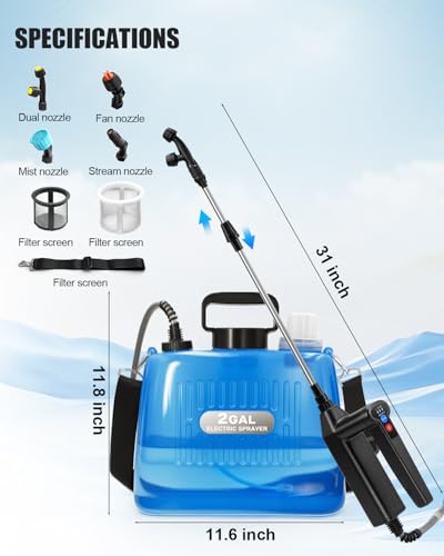 Battery Powered Sprayer 2 Gallon, Electric Weed Sprayer with 3 Adjustable Pressure Levels, 4 Nozzles & Extendable Wand, Rechargeable Garden Sprayer for Yard, Lawn, Plants & Fertilizer - color: Blue