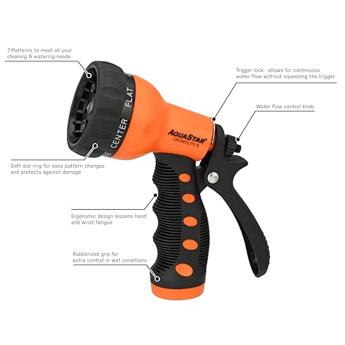 AQUASTAR by Eden AS73371 Rear-Trigger 7-Pattern Hose Nozzle (Orange) | Impact-Resistant ABS, Ergonomic Grip, Adjustable Spray Patterns for Lawn & Garden, Vibrant Colors - color: Orange