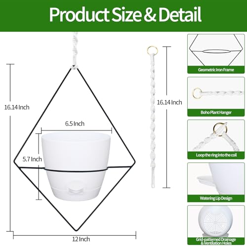 Koalaime Hanging Planters for Indoor Plants, 2 Set Self Watering Hanging Flower Pots, Modern Hanging Plant Baskets with Metal Plant Holder & 6.5 Inch Plastic Pots for Garden Home Decor (White)