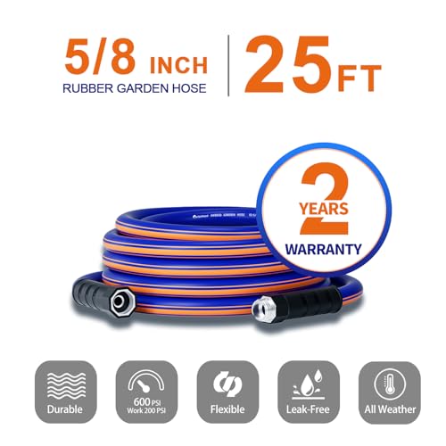 garden hose 25 ft x 5/8", Hybrid Rubber 25ft water hose, Durable, Anti-UV, Sturdy, No-Leakage, Lightweight, Flexible, Heavy Duty garden hoses with Swivel Handle - size: 25FT Male to Female