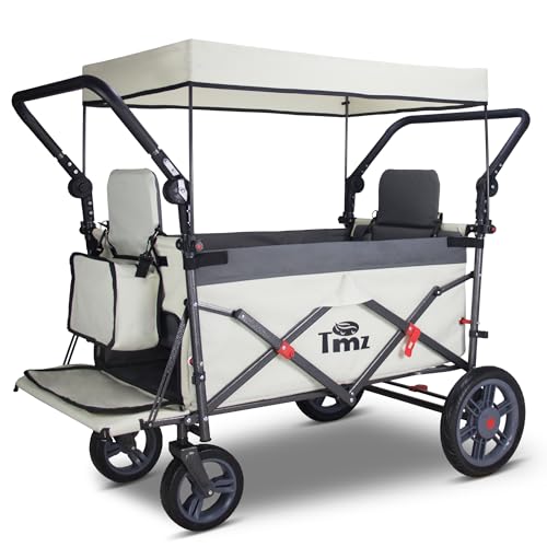 TMZ Foldable Wagon with Rain Cover & 2 Seats, Collapsible Folding Wagon with Adjustable Handle Bar, Multi Functional Cart with Canopy, Front Expandable Garden Cart (Transparent/Grey) - color: Transparent/Grey