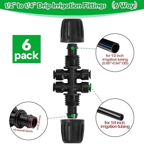 6 Pack 1/2 Inch To 1/4 Drip Irrigation Fittings - Drip Line Irrigation 1/2'' to 1/4'' Barbed Tee Adapter Push-to-Fit Reducer 3 Way Connectors for Drip Irrigation System - size: 1/2" to 1/4" Reducing Tee