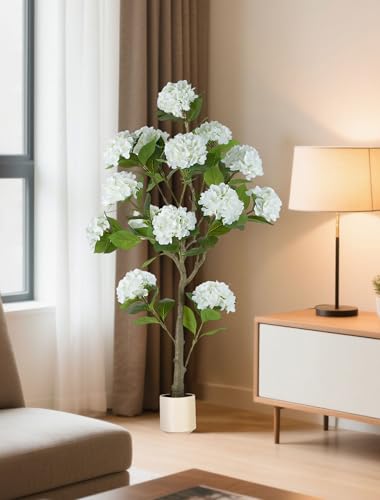 BLOSMON 5ft White Hydrangea Artificial Trees for Front Porch Planters - color: White Hydrangea