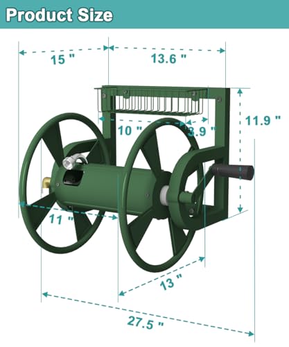 Artigarden Garden Wall Mounted Hose Reel, Outdoor Heavy-Duty Water Hose Holder Winder, Holds 125 Feet of 5/8-Inch Hose, with 3.9 ft Leader Hose, Water Fitting and Storage Basket for Yard, Green - color: Green