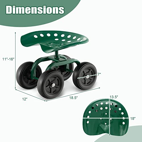 ERGOMASTER Garden Seat with Wheels, Adjustable Height & 360° Swivel, Iron Frame, Green - color: Green