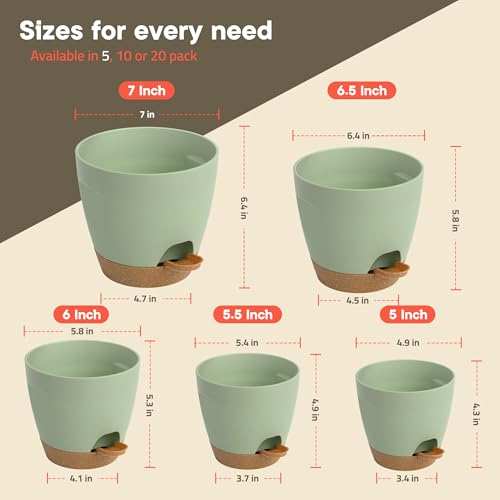 Green Self Watering Pots 5 Pack, Indoor and Outdoor Plant Pots with Wick Rope & Drainage Holes, Easy Watering Lip, Lightweight Plastic Self Watering Planter for Succulents, Houseplants, and Herbs - color: Green, size: Pack of 5