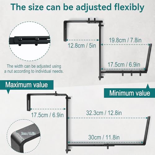 4-Pack Adjustable Planter Box Brackets for Railings, Heavy-Duty No-Drill Flower Pot Holders for Fences 2–6.8 Inches Wide, Black Metal Railing Planter Hangers for Balconies, Patios, and Gardens
