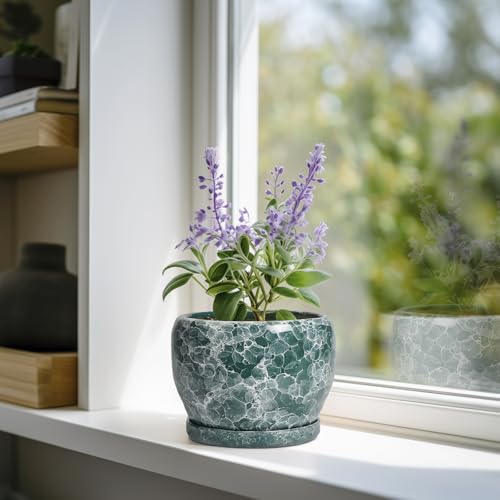 SQOWL Ceramic Pot for Plants - 6 Inch Ceramic Planter with Drainage Hole and Saucer, Round Flower Pot for Indoor Outdoor, Decorative Small Planter, Room Home Decor, Plant Lover Gifts, Green - color: Green Gemstone, size: 6 Inch