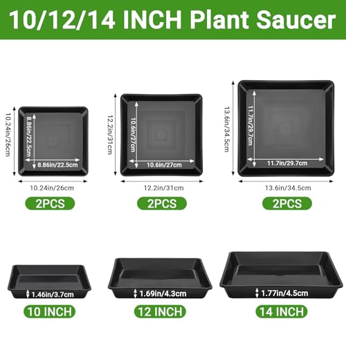 Greaner 10/12/14 Inches Square Plant Saucer, Black Plant Drainage Tray, Seed Starter Growing Trays for Indoors and Outdoors (6 PCS) - color: Black, size: 10"/12"/14"