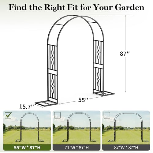 Metal Garden Arch, Heavy Duty Garden Trellis for Climbing Plants, with Enlarged Base for Stability, Ideal for Wedding Arches & Party Decorations, 55" W x 87" H
