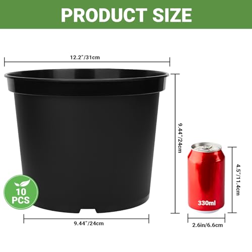GREANER 5 Gallon Black Planter Pots, 10PCS Plastic Durable Plant Pots for Plants, Seed Starting Container for Flower Herb Vegetable Seedling Tree Fruit - size: 12 Inch