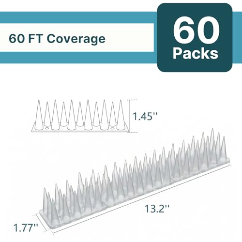 Bird & Animal Deterrent Spikes, 60 Packs Outdoor Plastic Spike Strips for Roof, Ledges, Fence, Walls & Railing, Humane Squirrel, Raccoon & Pigeon Barrier, 60 FT Coverage, White - color: White, size: 60 FT Coverage