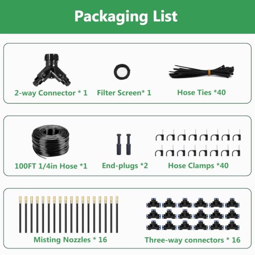 100FT Drip Irrigation System, 1/4 Inch Hose with 360° Adjustable Copper Nozzles – Garden Watering Kit for Lawn, Raised Beds, Greenhouse & Yard
