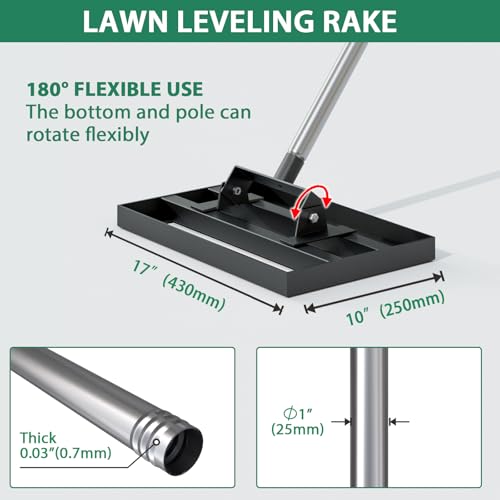 Lawn Leveling Rake 17" x 10" with 78" Adjustable Stainless Steel Handle - Heavy Duty Grass Leveling Tool, Leveling rake for Lawn Care, Yard Leveler