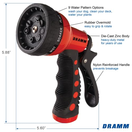 Dramm Revolver Heavy Duty Metal Garden Hose Nozzle – 9 Spray Patterns, High Pressure Jet, Thumb-Control Flow, Ergonomic Grip – Red - color: Red, size: Revolver