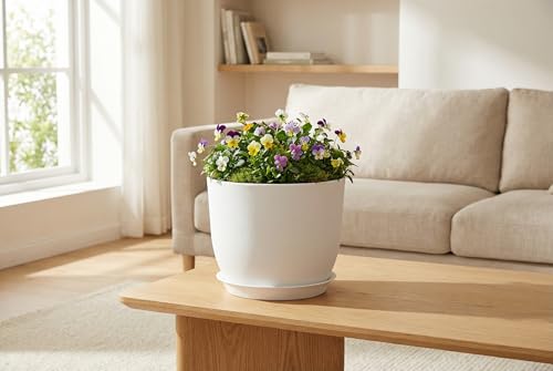 8 Inch Plant Pots Set of 4, Plastic Planters with Drainage Holes and Tray, Flower Pots for Indoor Outdoor Plants and Flowers (White) - color: White