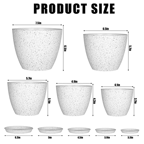 lokeisna 5 Pcs Plant pots, 7.5/6.5/5.7/4.9/4.1 inch Pots for Plants, Flower Pot Indoor Modern Decorative Plant Pot, Plant Pots Indoor with Drainage and Saucer for All House Plants, Spray Spots - color: White 5 Pcs