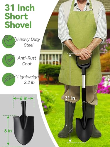 Shovel, Garden Shovels for Digging Gardening Heavy Duty, 31 inch Small Short Metal Shovel with D-Handle, Sharp Round Point Blade, Comfort Grip, Camping, Off Road, Soil, Kids Sand Beach Mini Spade Tool - color: Silver