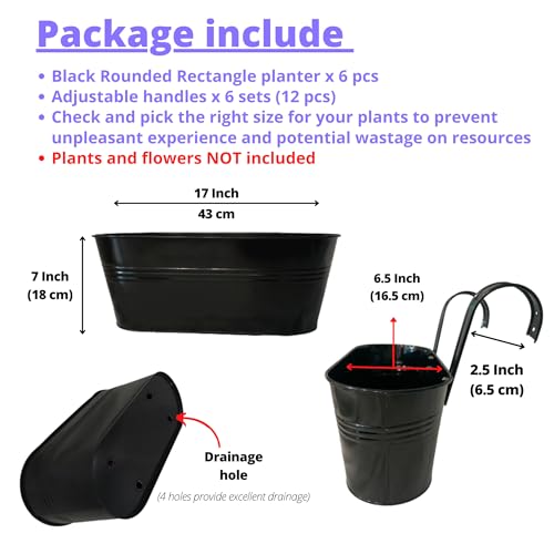 LaLaGreen Outdoor Rail Planter (17 in, 6 Pack) Black Metal Deck Fence Pots